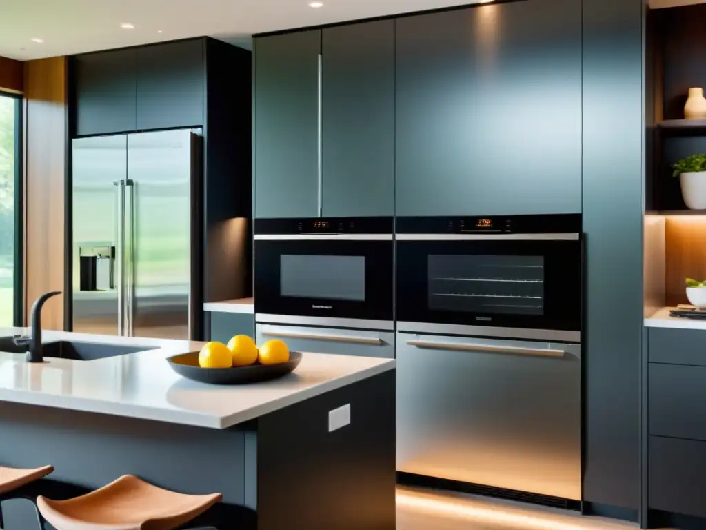 Cocina moderna y minimalista con tecnología inteligente Rentabilidad electrodomésticos inteligentes en una cocina moderna y minimalista, con tecnología de vanguardia y ambiente acogedor