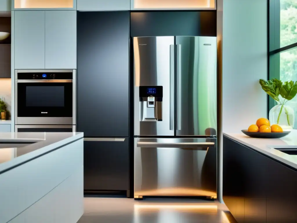 Cocina futurista con electrodomésticos inteligentes Rentabilidad electrodomésticos inteligentes en cocina moderna con tecnología y diseño minimalista