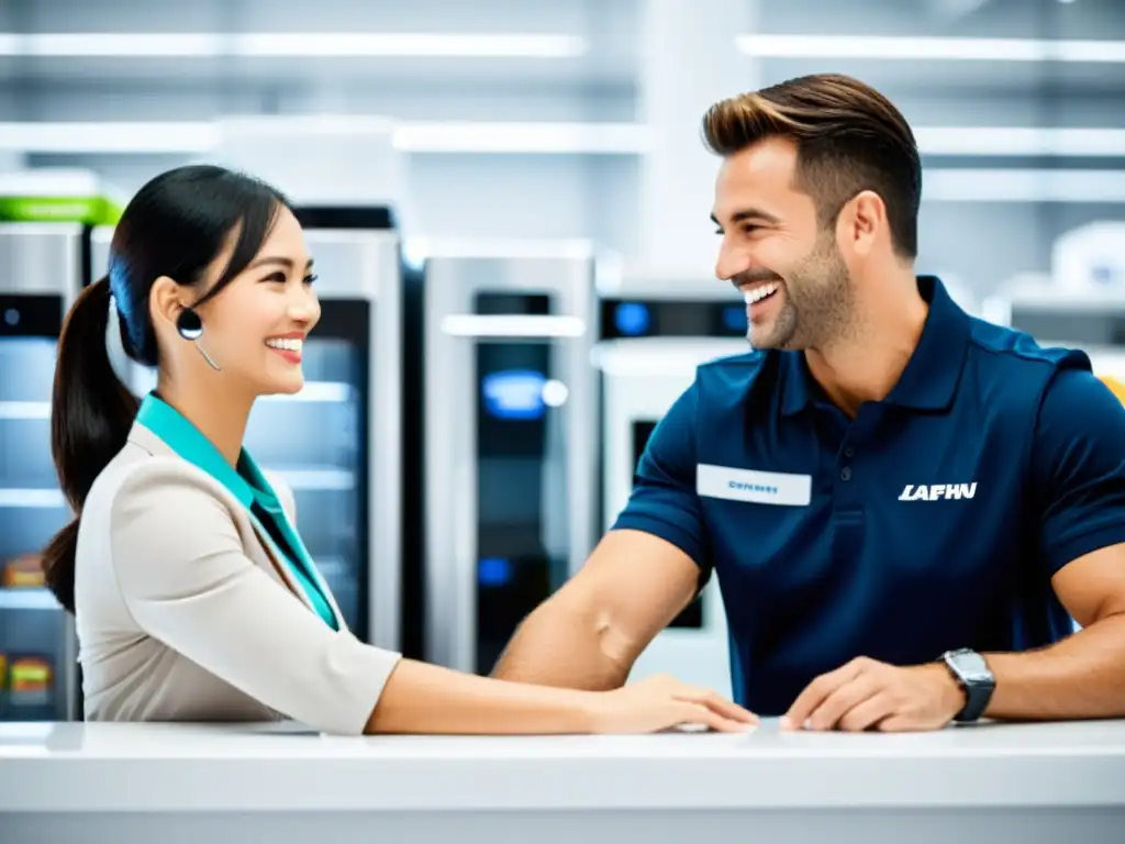 Servicio al Cliente: Asistencia Profesional en Tienda de Electrodomésticos Una representante de servicio al cliente sonriente ayuda a un cliente feliz con electrodomésticos, transmitiendo confianza y satisfacción