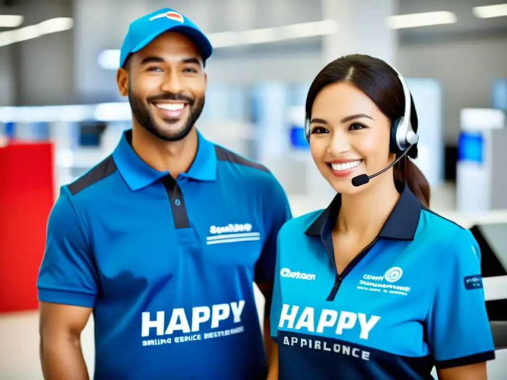 Experto en servicio al cliente resuelve problema con electrodoméstico Una representante de servicio al cliente sonriente ayuda a un cliente feliz con un electrodoméstico en un centro de servicio moderno y bien iluminado
