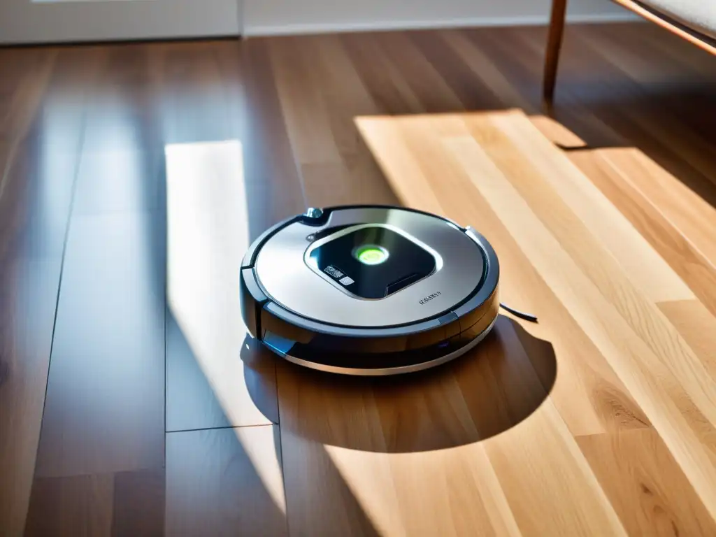 Robot aspirador moderno iluminado en acción Robot aspirador análisis costos beneficios: Un elegante robot aspirador recorre el suelo de madera, con su pantalla LED iluminada y mostrando el progreso de limpieza, en un ambiente bañado de luz natural que resalta el diseño minimalista y la eficiencia del dispositivo