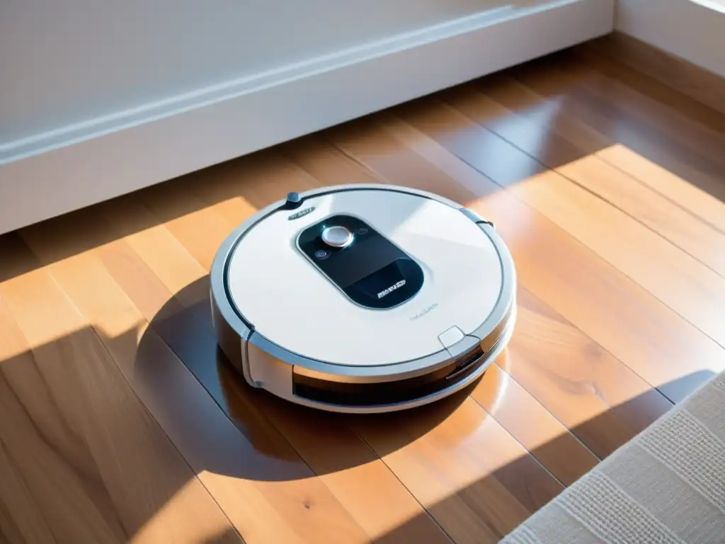 Robot aspirador de alta tecnología limpia sin esfuerzo Un robot aspirador análisis costos beneficios, deslizándose con elegancia sobre un suelo reluciente, mostrando su eficiencia tecnológica