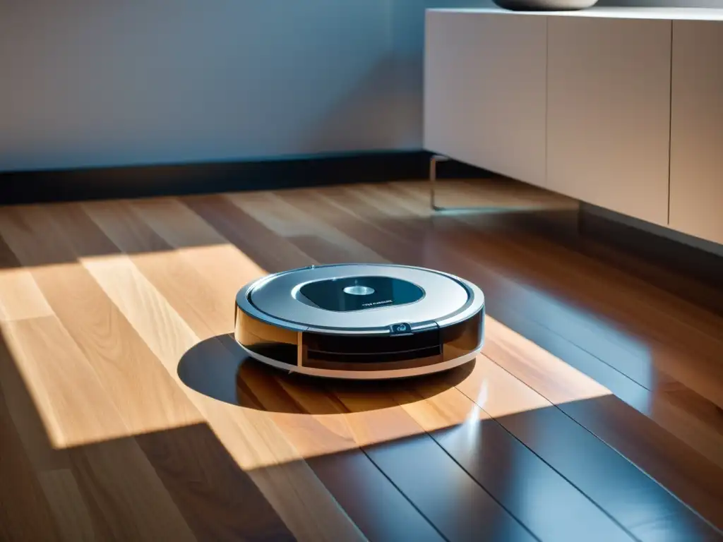 Robot aspirador de diseño elegante limpia con eficiencia Robot aspirador análisis costos beneficios: Robot aspirador moderno y elegante limpia con eficiencia un suelo de madera, bajo la luz natural