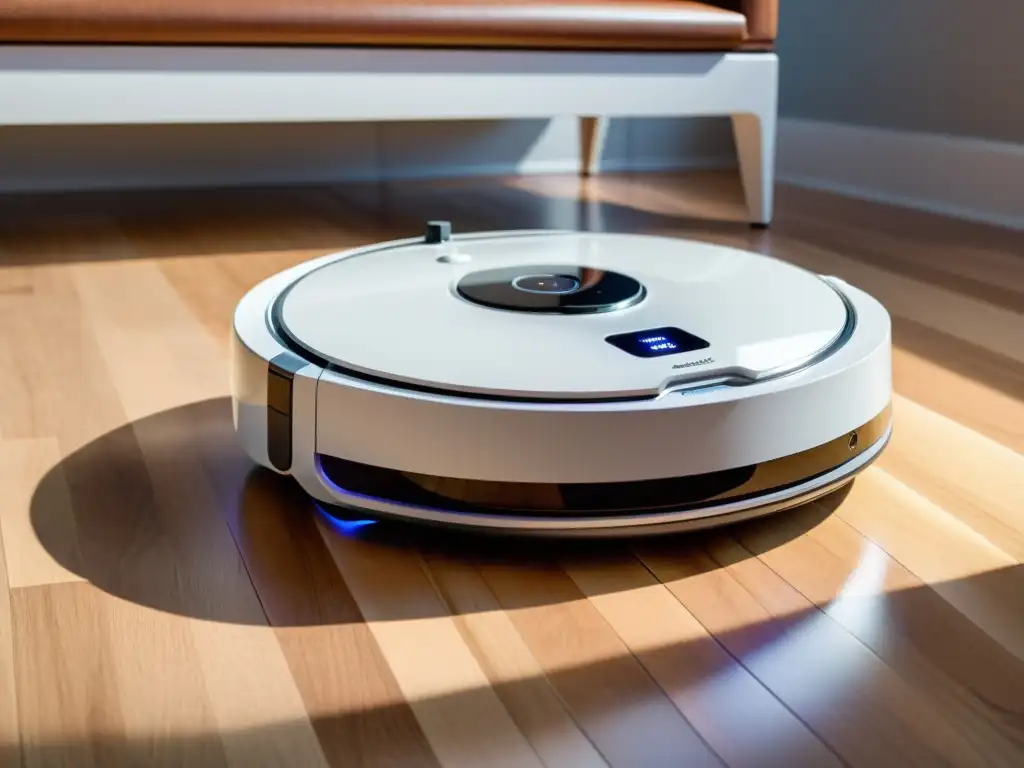 Robot aspirador blanco con asistente de voz, navegación avanzada y diseño moderno, en suelo de madera