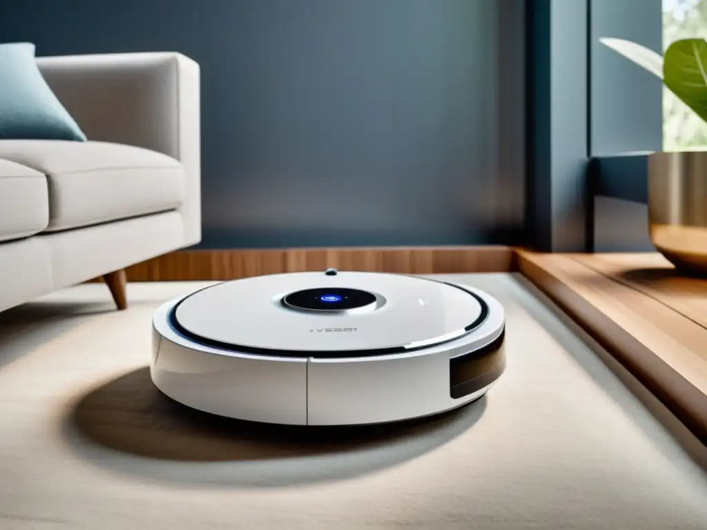Robot aspirador blanco de diseño moderno en salón minimalista Robot aspirador blanco de diseño elegante y moderno, navegando sin esfuerzo en un salón minimalista