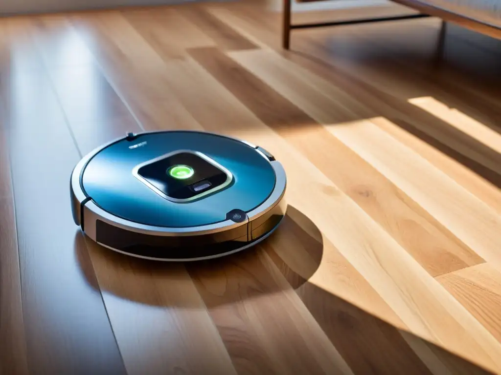 Robot aspirador de alta tecnología deslizándose con elegancia Un robot aspirador de diseño moderno deslizándose sin esfuerzo por un suelo de madera, emitiendo una suave luz azul