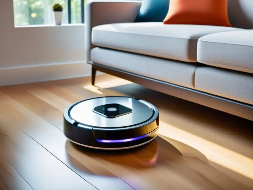 Robot aspirador de diseño moderno y sofisticado, destacando las ventajas del software en robots aspiradores en un elegante salón minimalista