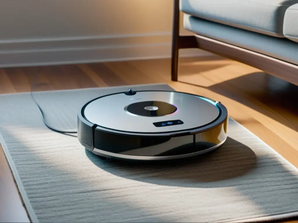 Un robot aspirador futurista con asistente de voz en un salón minimalista, refleja elegancia y tecnología innovadora