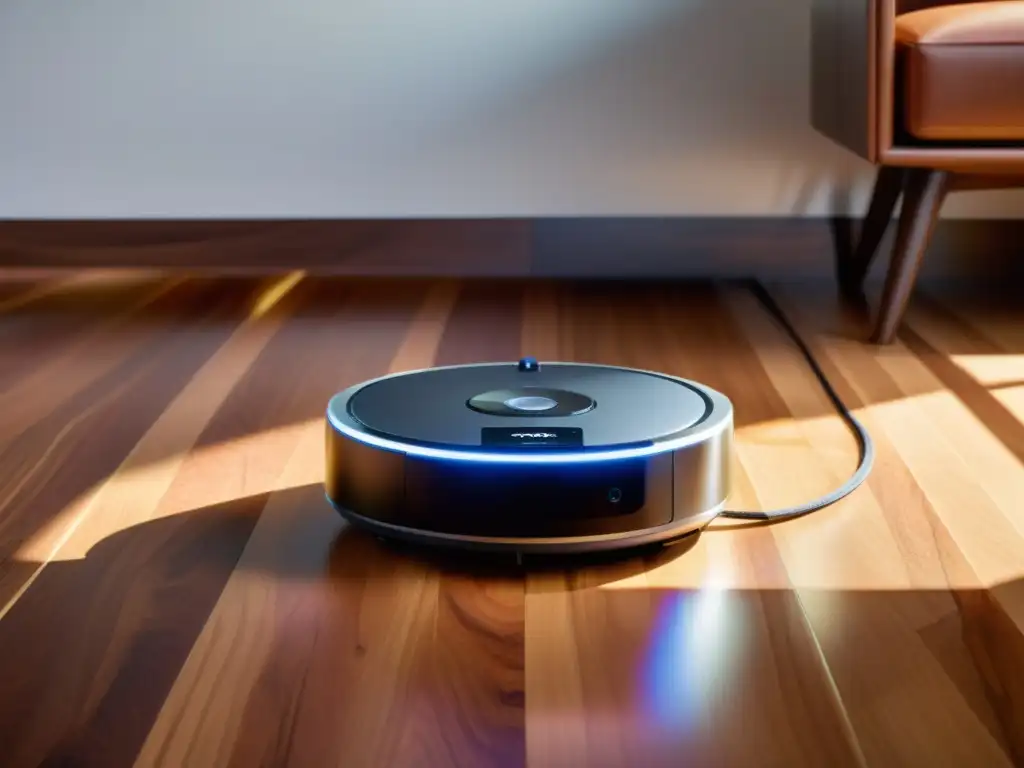 Un robot aspirador moderno con asistente de voz integrado deslizándose sobre un suelo de madera impecable, junto a un altavoz inteligente con luz suave