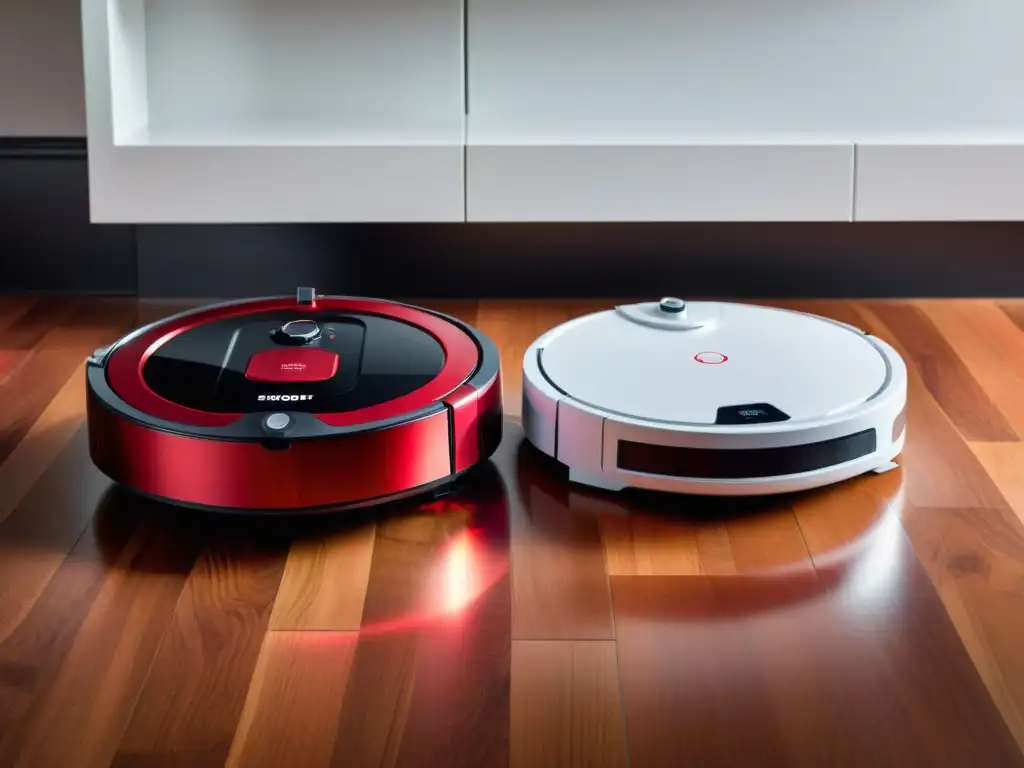 Dos aspiradoras: moderna robot y clásica vertical en suelos impecables Un robot aspirador moderno y una aspiradora tradicional en un suelo de madera impecable