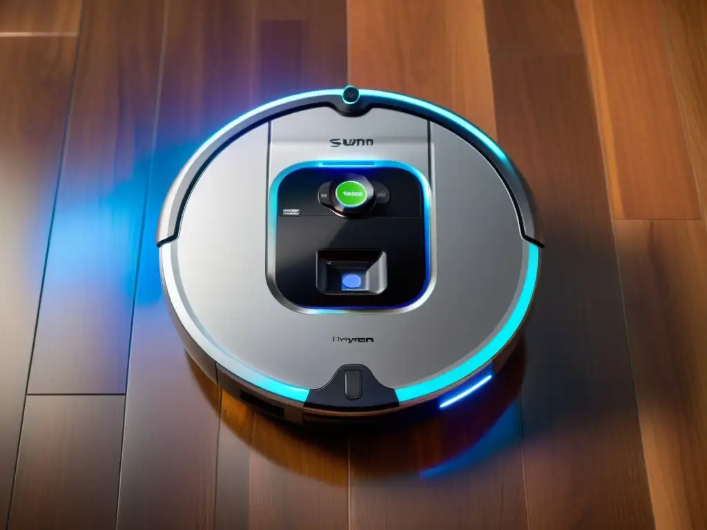 Robot aspirador moderno y eficiente con tecnología de software, iluminado por luces LED vibrantes