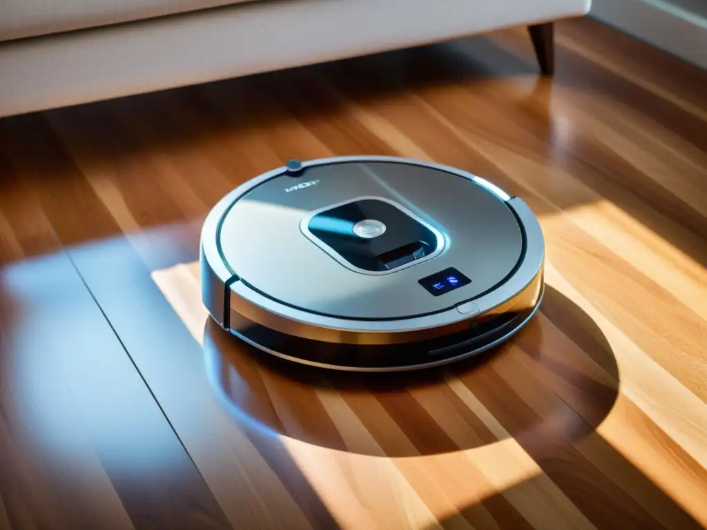 Robot aspirador moderno en ambiente elegante Un robot aspirador moderno y elegante barre el suelo de madera