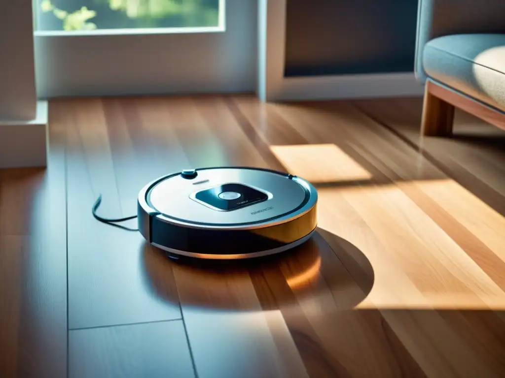 Robot aspirador moderno limpiando sin esfuerzo Un robot aspirador moderno y elegante deslizándose sin esfuerzo por un suelo de madera, con su pantalla LED mostrando el progreso de limpieza y la habitación impecable detrás