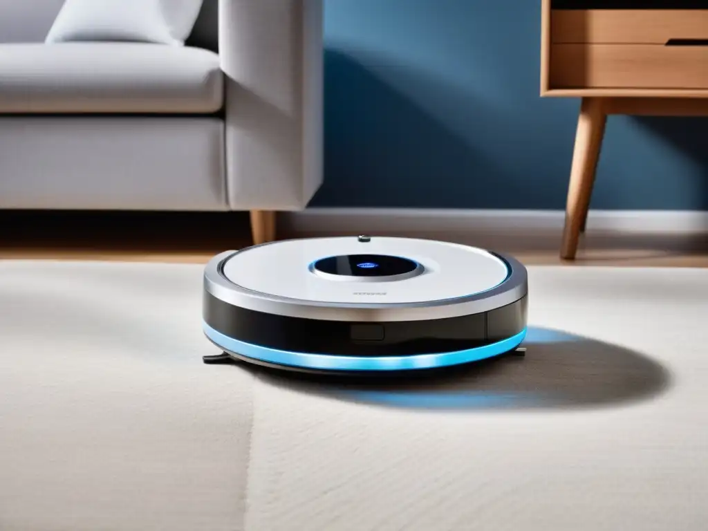 Un robot aspirador moderno y elegante en una sala minimalista, con un asistente de voz, emitiendo tecnología sofisticada