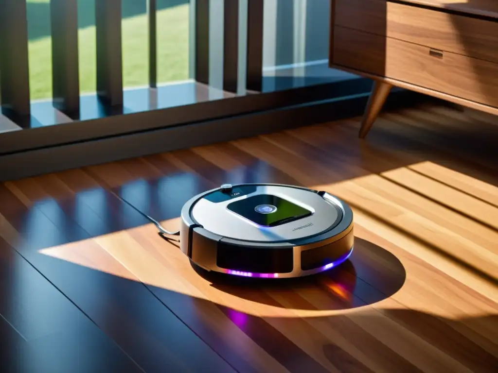 Un robot aspirador moderno y elegante capturando cada mota de polvo en un piso de madera, con ventajas del software en robots aspiradores