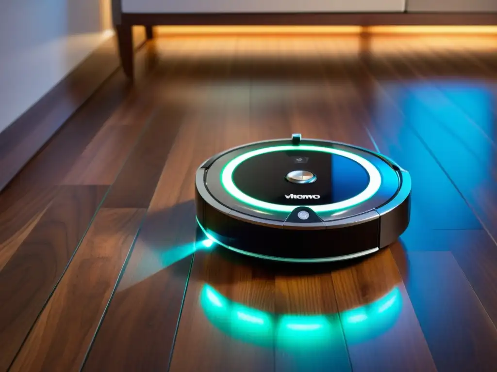 Robot aspirador moderno con luces LED, panel transparente y avanzada tecnología