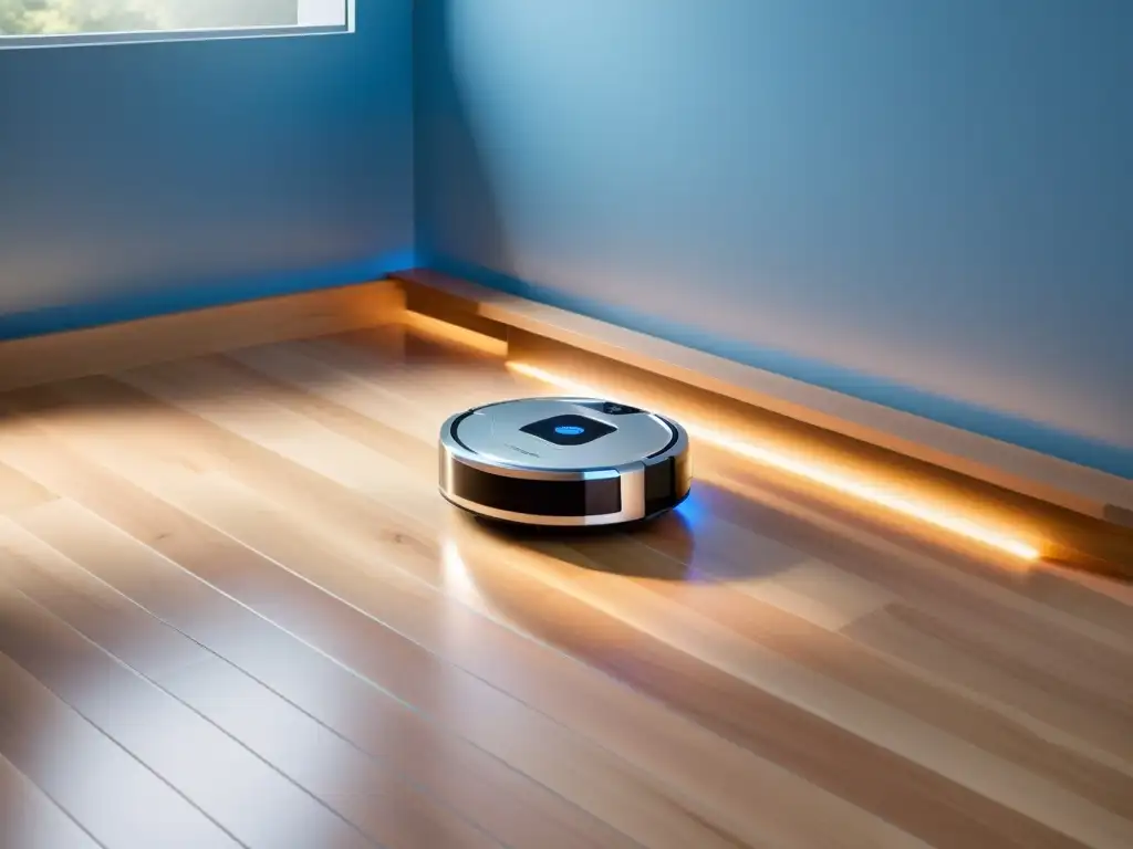 Robot aspirador moderno: tecnología y elegancia en casa Un robot aspirador moderno ilumina el suelo de madera con su LED azul, en un espacio minimalista