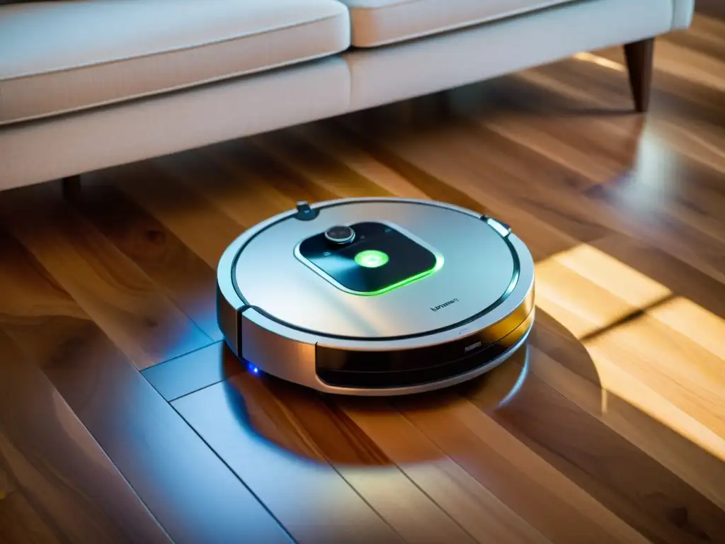 Un robot aspirador ultramoderno con luces LED deslumbrantes se desliza sin esfuerzo sobre un piso de madera, sincronizado con un asistente de voz