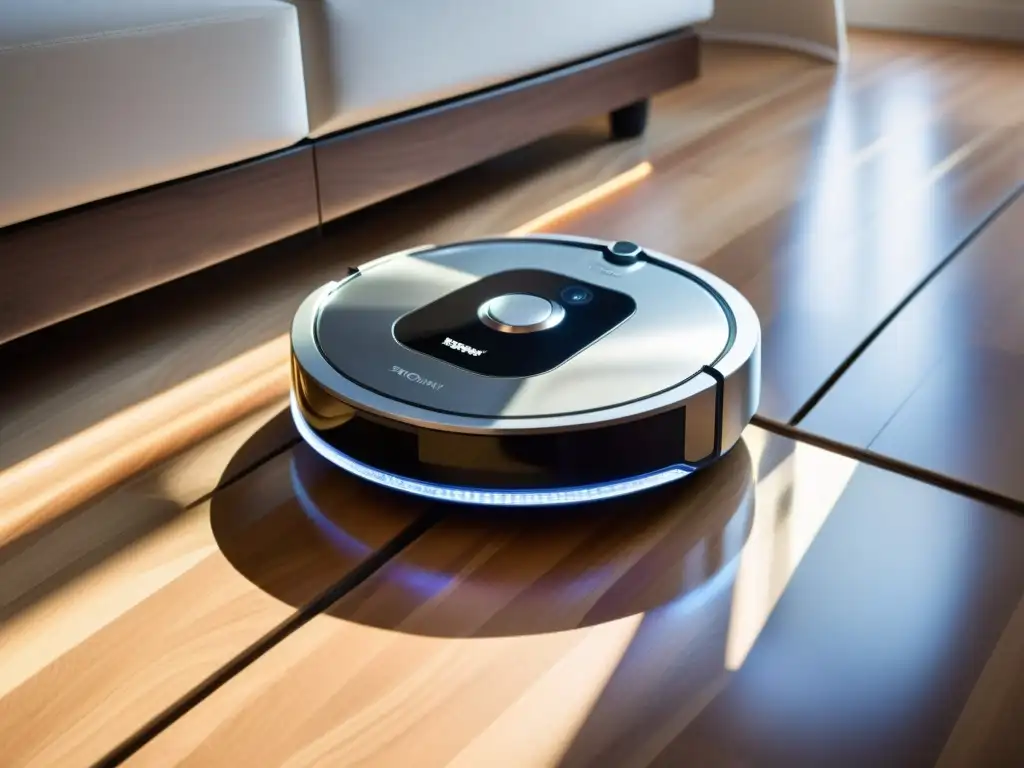 Robot aspirador transparente: tecnología futurista en acción Un robot aspiradora moderno y elegante con mecanismos internos complejos y sensores visibles