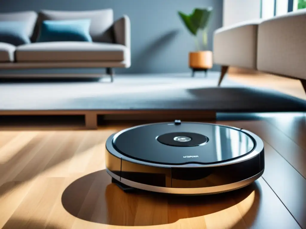 Un robot aspiradora moderno limpia con eficiencia una sala amplia y luminosa, con diseño futurista en contraste con la cálida decoración