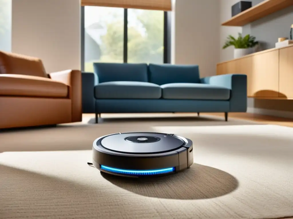 Robot aspiradora para personas con discapacidad limpiando mientras alguien en silla de ruedas observa con satisfacción