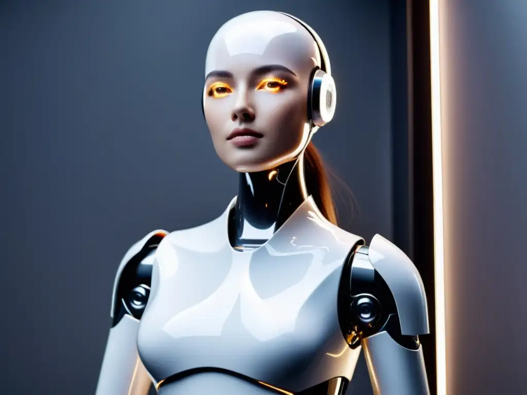 Robot de belleza futurista con tecnología avanzada Un robot de belleza y salud innovador con diseño moderno y acabado blanco brillante se destaca en un entorno futurista, irradiando tecnología avanzada