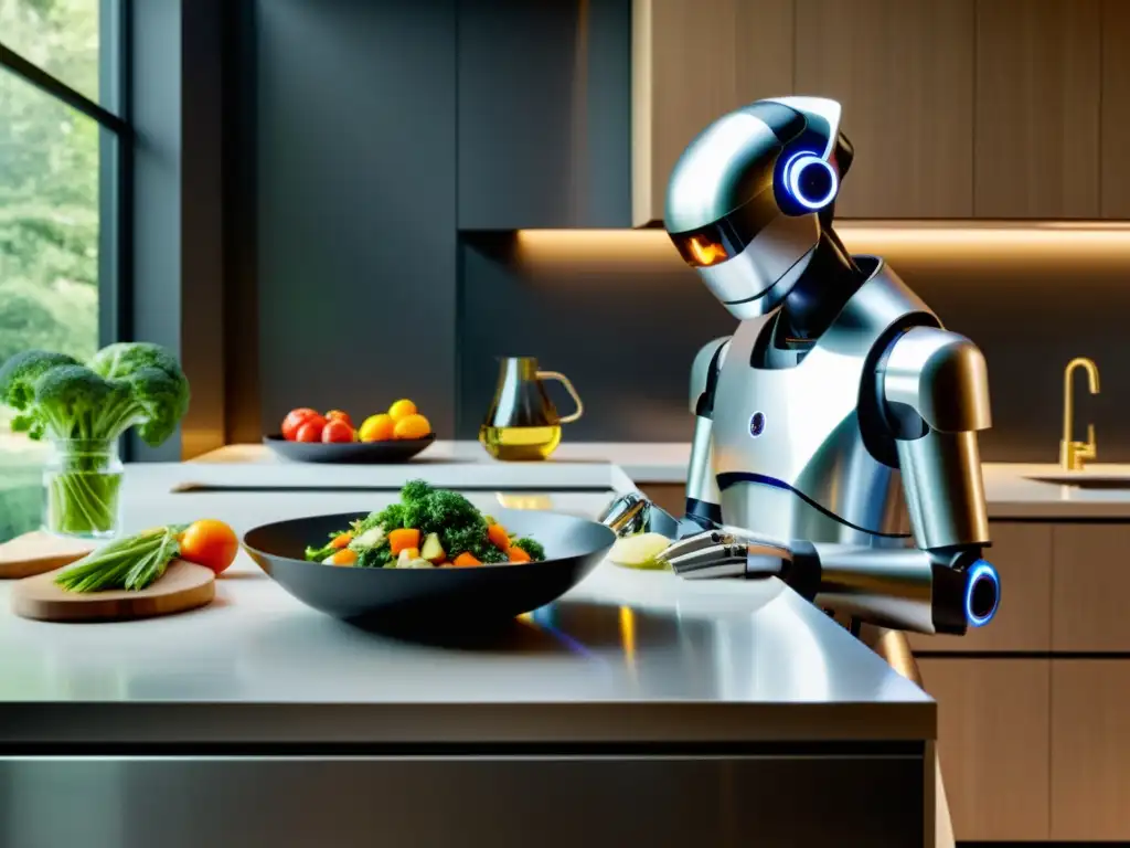 Cocina futurista: robot chef prepara gourmet con estilo Un robot chef prepara una comida gourmet en una moderna cocina hogareña, mostrando la adopción de robots para el hogar en la vida cotidiana