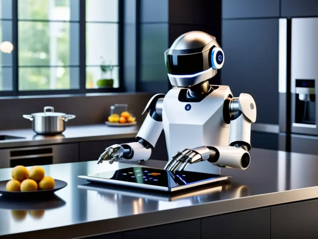 Robot de cocina de lujo preparando una comida gourmet en una cocina moderna Un robot de cocina de acero inoxidable de última tecnología preparando una comida gourmet en una cocina moderna