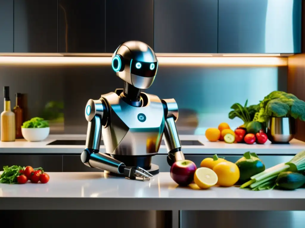 Robot de cocina de acero inoxidable en acción en una cocina moderna Robot de cocina de acero inoxidable en una cocina moderna, rodeado de ingredientes frescos