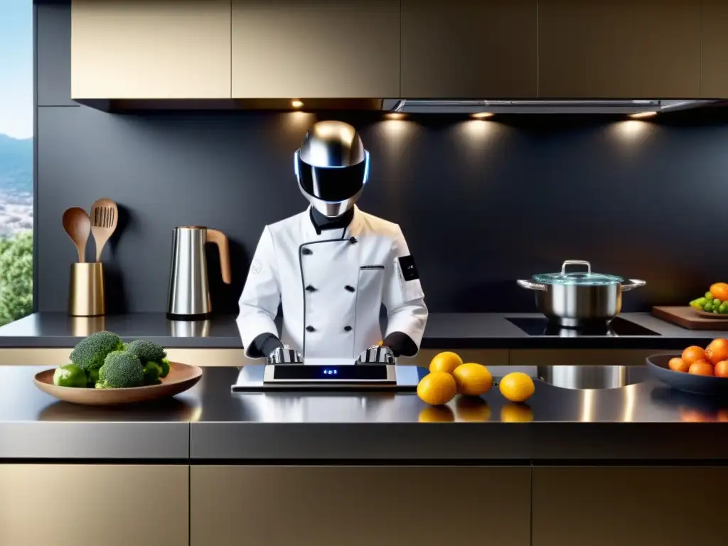 Robot de cocina de última generación en una encimera de cocina moderna El robot de cocina más avanzado del 2021 destaca en una elegante encimera de cocina, con un diseño futurista y funcionalidad de vanguardia
