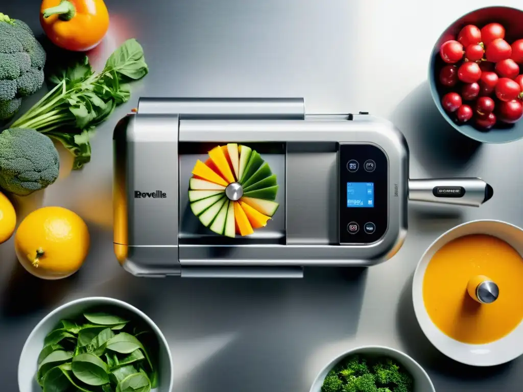 Robot de cocina Breville Sous Chef cortando frutas y verduras con precisión El robot de cocina Breville realiza los mejores cortes con precisión, mostrando su habilidad profesional en frutas y verduras vibrantes