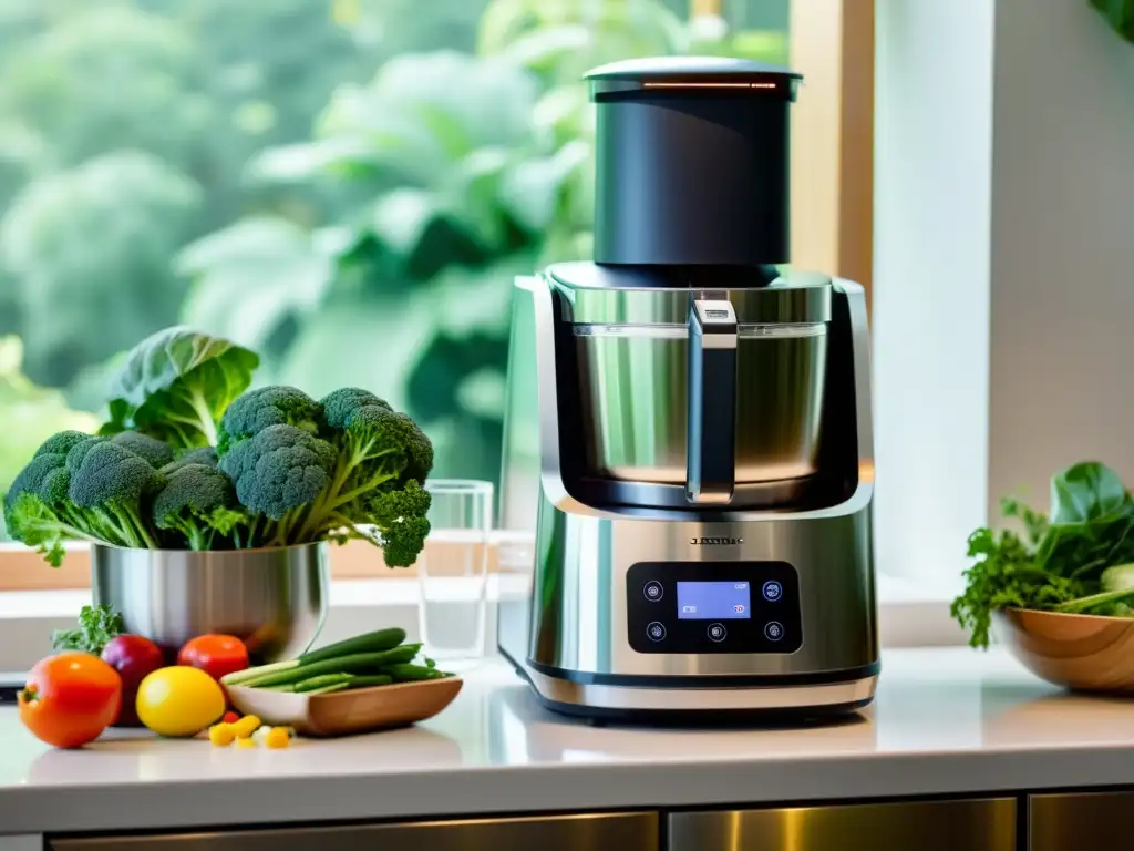 Robot de cocina ecofriendly cortando verduras con precisión Un robot de cocina ecoamigable en una cocina moderna y luminosa, cortando vegetales con precisión