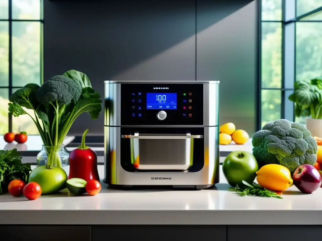 Robot de cocina ecofriendly en una cocina moderna y luminosa Robot de cocina ecoamigable en una cocina moderna, rodeado de frutas y verduras frescas, emitiendo una suave luz acogedora