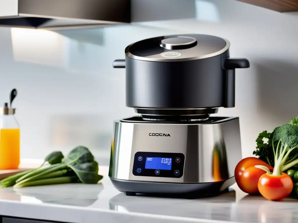 Robot de cocina moderno y eficiente cortando verduras en cocina elegante Un robot de cocina moderno y elegante en una cocina contemporánea, mostrando eficiencia y sofisticación