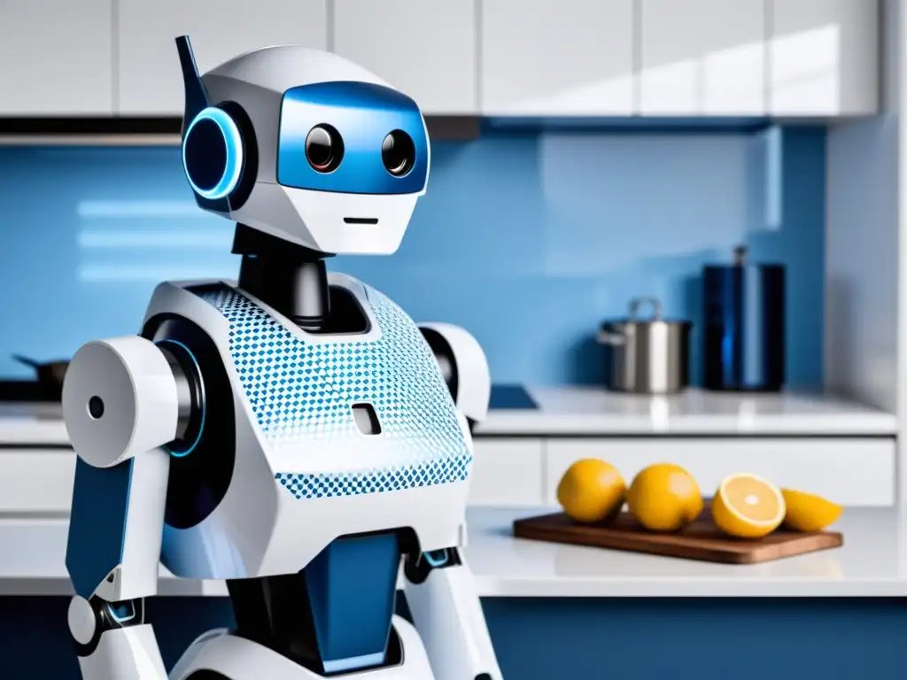Robot de cocina moderno con vinilo geométrico azul y blanco Robot de cocina personalizado con vinilo en azul y blanco, reflejando sofisticación y creatividad