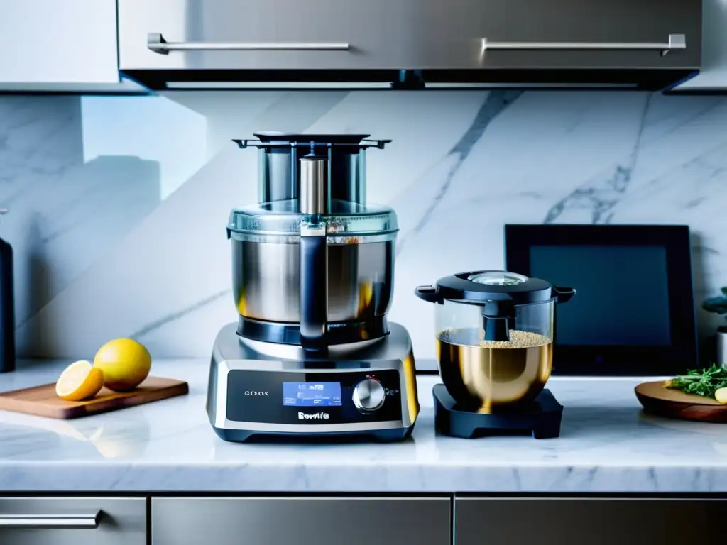 Robot de cocina Breville Sous Chef: potencia y precisión en mármol Robot de Cocina Breville Sous Chef en elegante encimera de mármol, listo para realizar los mejores cortes