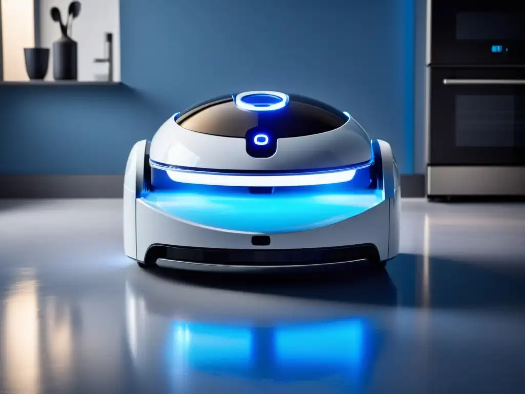 Robot desinfectante de cocina con luz UV: innovación y limpieza Un robot de tecnología UV desinfecta la cocina, proyectando una suave luz azul