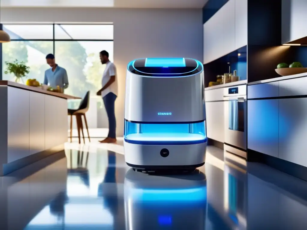 Robot de limpieza UV: modernidad y tranquilidad en el hogar Un robot de tecnología UV deslumbrante desinfecta una cocina, mientras una familia sonríe en el fondo