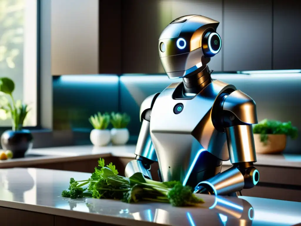 Cocina robotizada: eficiencia y comodidad en el hogar Un robot doméstico de diseño sofisticado cocina, limpia y riega plantas en una cocina soleada