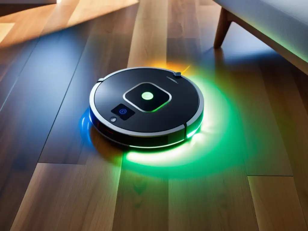Robótico aspirador moderno en acción, elegancia tecnológica Un robot doméstico para tareas del hogar, elegante y moderno, deslizándose sin esfuerzo por un suelo de madera, con su pantalla LED brillando con indicadores de estado mientras navega con precisión alrededor de los muebles
