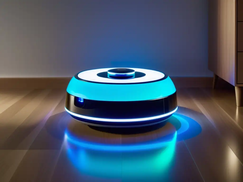 Robot futurista: de limpieza a espectáculo de luces Un robot elegante y futurista combina la limpieza con entretener proyectando un espectáculo de luces vibrantes