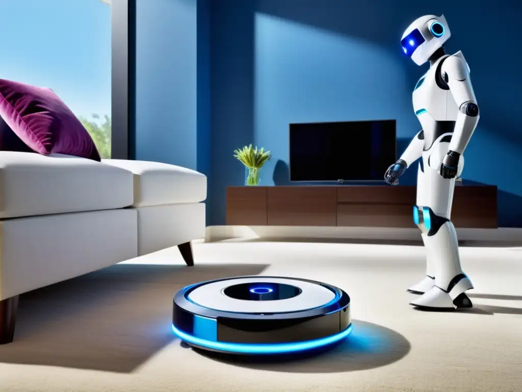 Robot aspirador de lujo moderno en sala de estar Un robot elegante y moderno limpia y entretiene en un hogar soleado