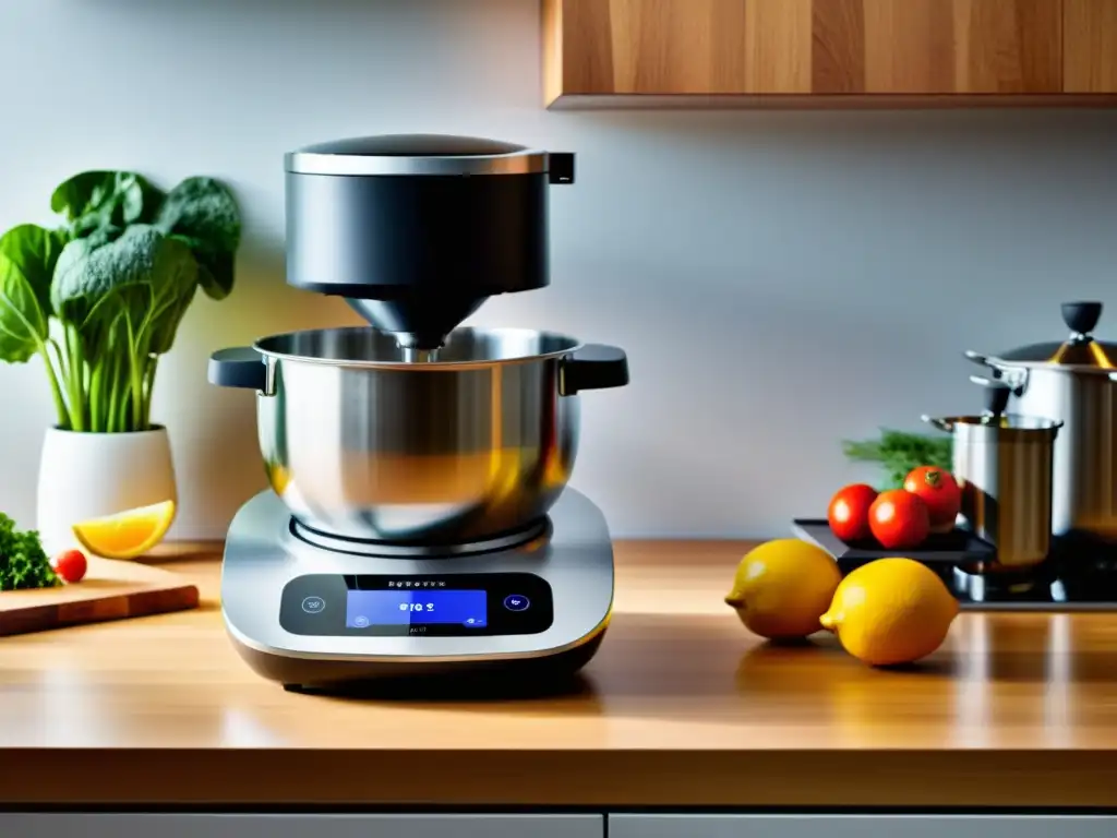 Robot de cocina multifunción en una encimera moderna, preparando ingredientes con precisión y eficiencia