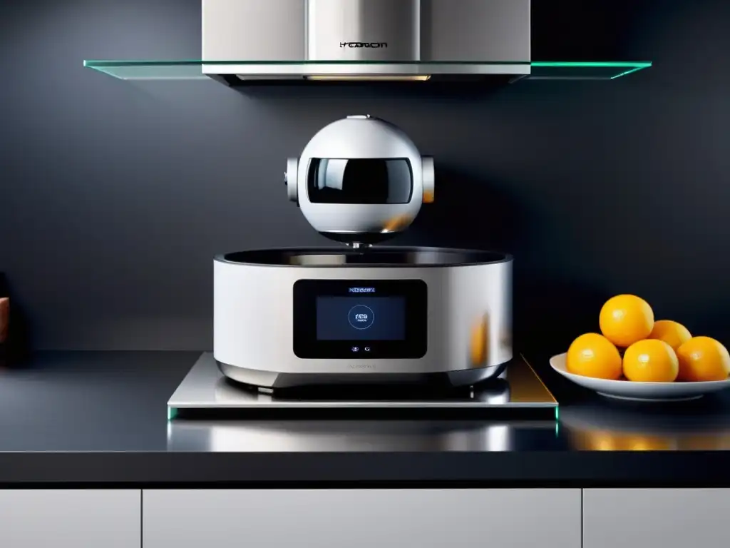 Un robot de cocina multifunción ahorra espacio en una encimera de cocina moderna, con utensilios organizados y ingredientes frescos