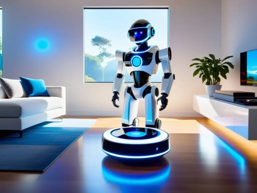 Robot doméstico futurista combina limpieza y entretenimiento Un robot futurista blanco y brillante limpia y entretiene en un salón moderno y soleado
