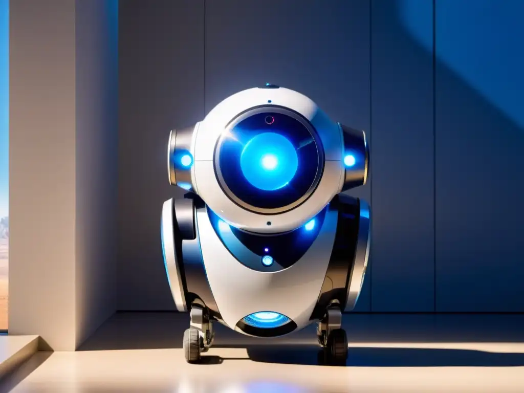 Robot futurista mide calidad del aire en tiempo real Un robot futurista autónomo para calidad del aire con sensores y pantalla integrada, en una habitación soleada