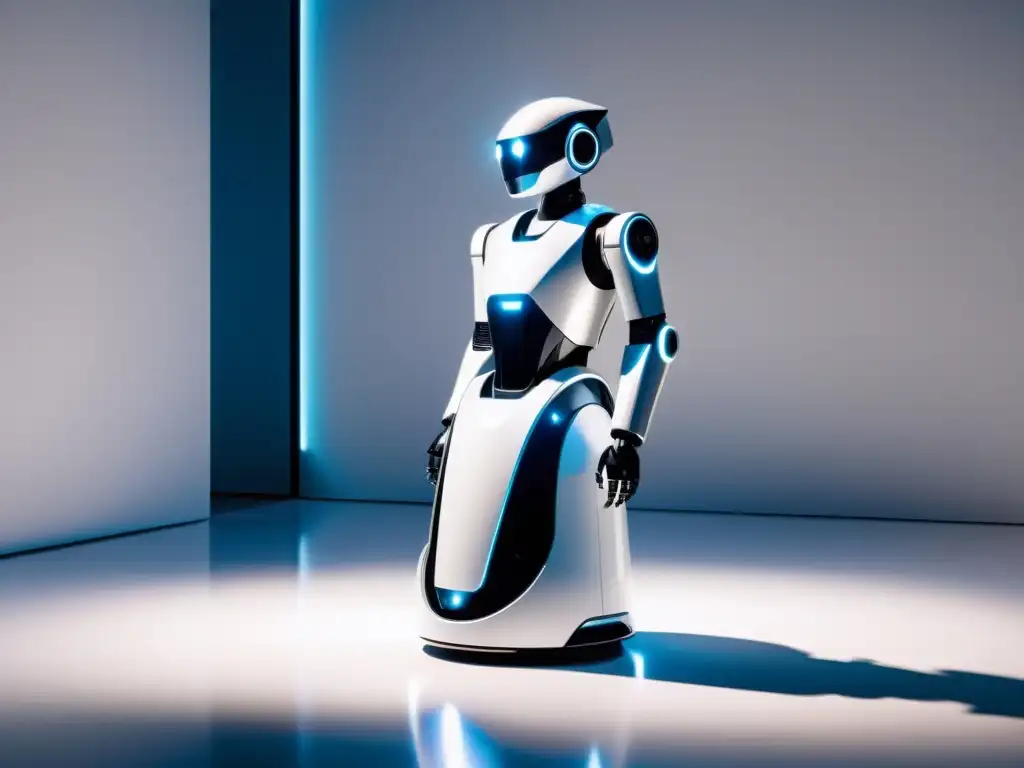 Robot futurista de belleza y salud en pedestal blanco Un robot futurista de diseño elegante y minimalista, con luces LED brillantes, en una habitación luminosa