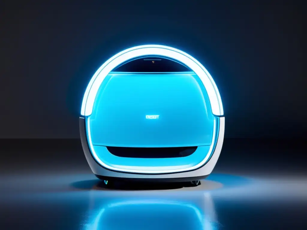 Robot futurista de limpieza y entretenimiento en acción Un robot futurista con diseño elegante y luces azules, limpia y entretiene en un hogar moderno