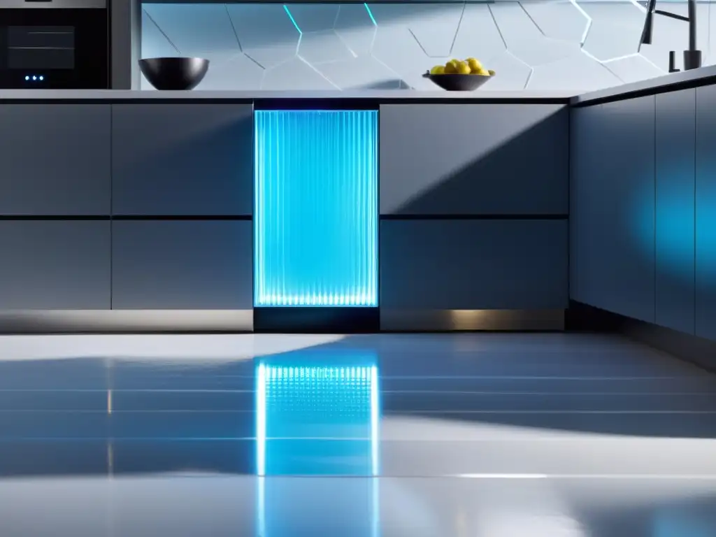 Robot de limpieza UV: moderno y eficiente Un robot de diseño futurista desinfecta el suelo de la cocina con luz UV, mostrando innovación en tecnología de limpieza