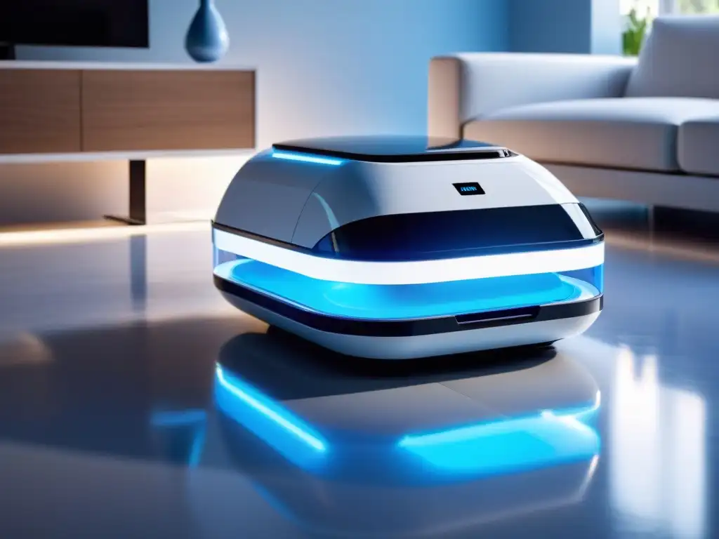 Robot desinfectante de ambiente iluminando la sala Robot de tecnología UV desinfectando el hogar con luz azul en un ambiente moderno y acogedor